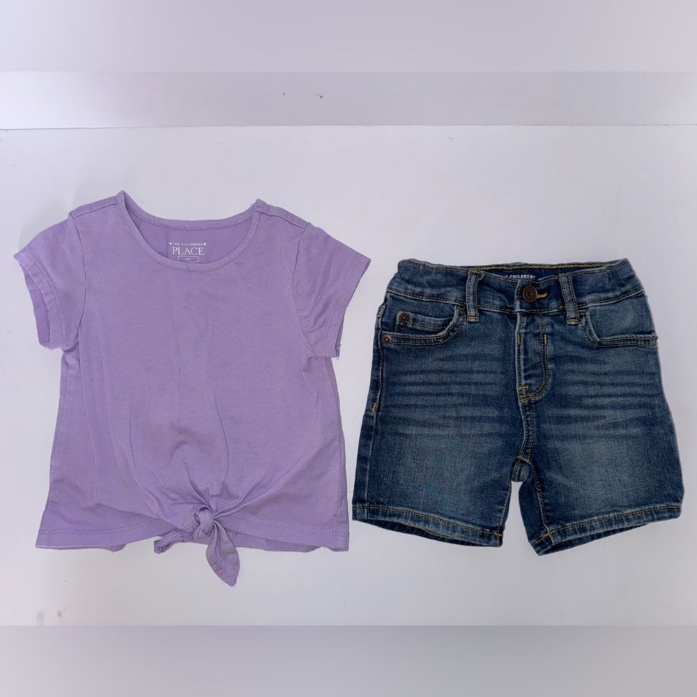 The Children's Place size 2t purple Knot-Front Tee & denim shorts outfit